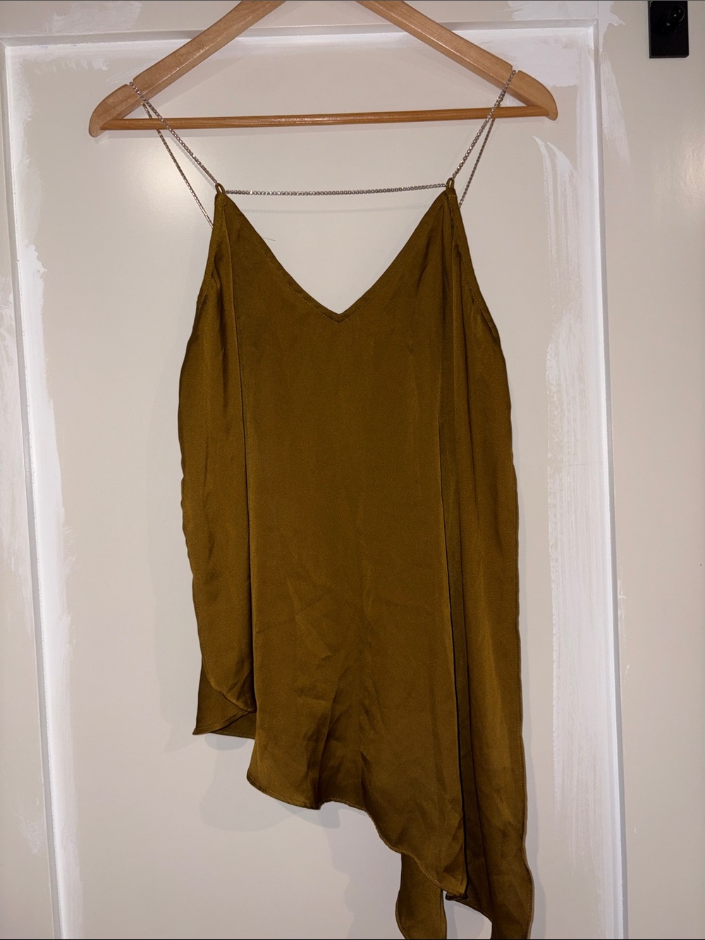 Zara Olive Satin Asymmetric rhinestone Chain-Strap Cami